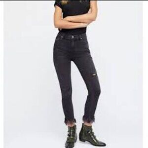 Free People Jeans Womens 29 Great Heights Distressed Frayed Skinny Black Denim